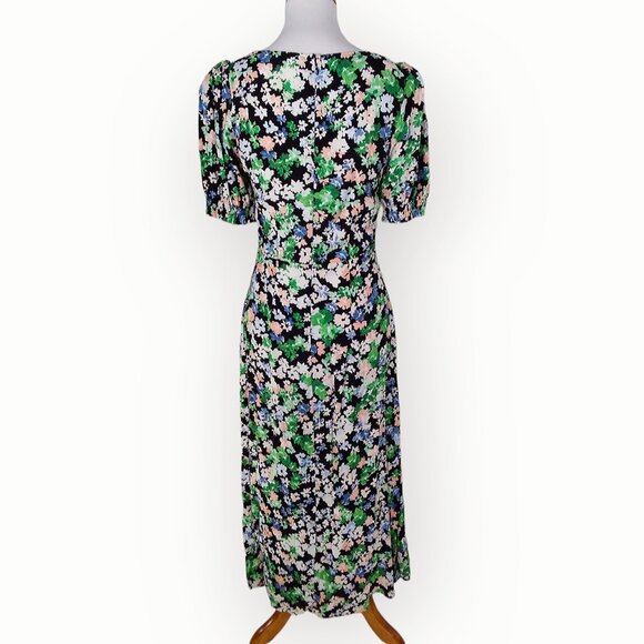 H&M Midi Dress Size Small Black Florals Side Slit Sweetheart Neckline - Picture 7 of 14